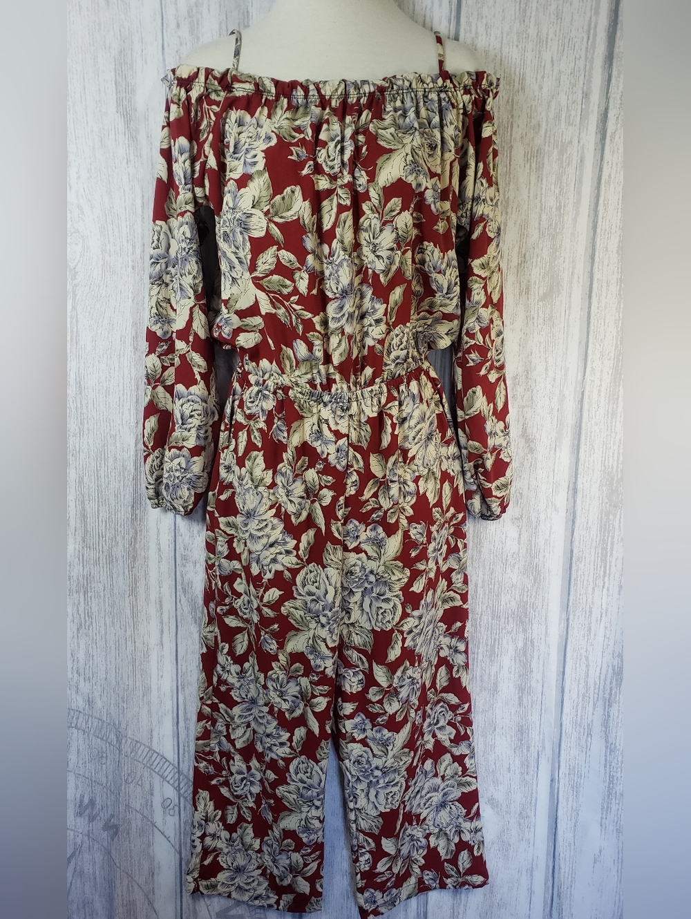 Floral Off-Shoulder Jumpsuit Burgundy & Cream Elastic Waist Cropped Romper M NWT